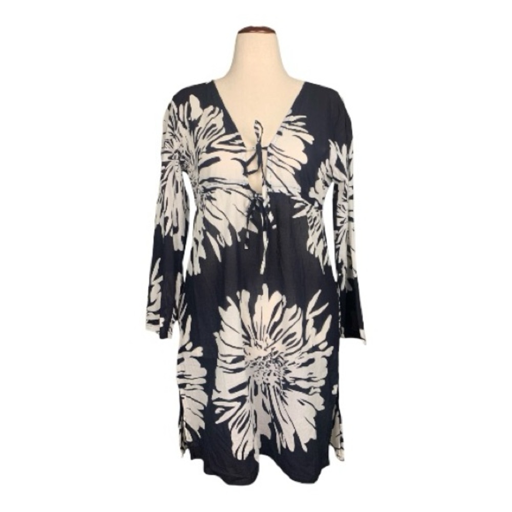 Ocean Breeze Black White Floral Swim Cover Up 100% Cotton Tie Front Accent Large